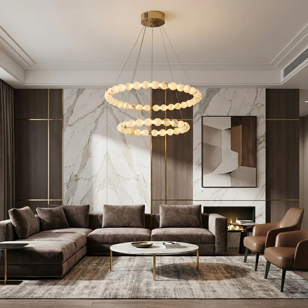 Alabaster Ring Chandelier – Gold Beaded LED Luxury Ceiling Light