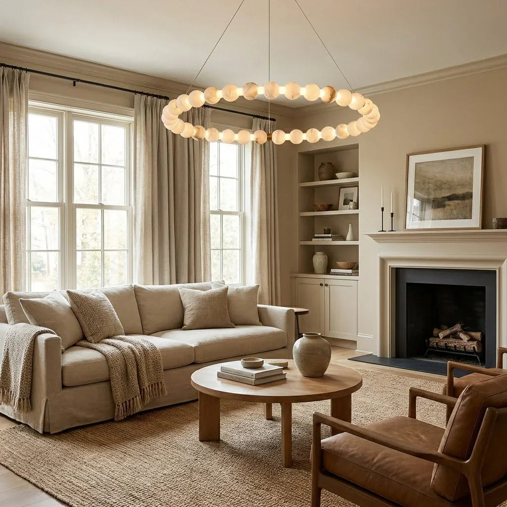 Alabaster Ring Chandelier – Gold Beaded LED Luxury Ceiling Light