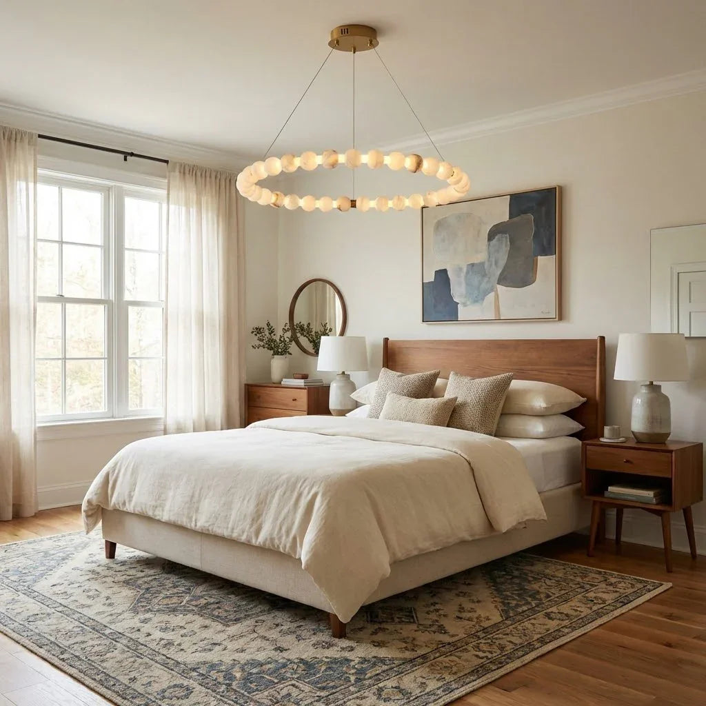 Alabaster Ring Chandelier – Gold Beaded LED Luxury Ceiling Light