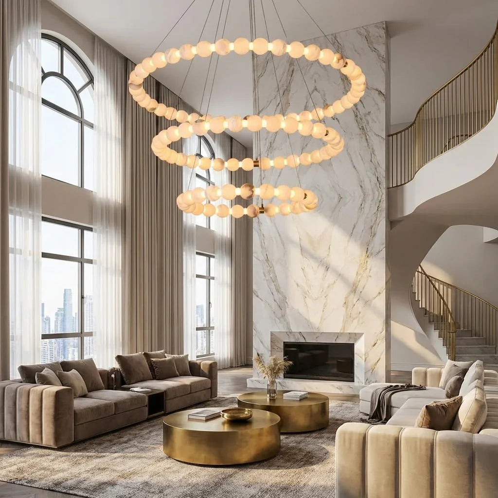 Alabaster Ring Chandelier – Gold Beaded LED Luxury Ceiling Light