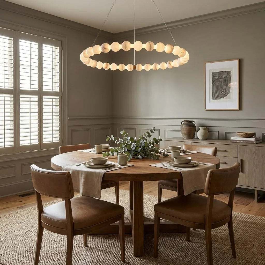 Alabaster Ring Chandelier – Gold Beaded LED Luxury Ceiling Light