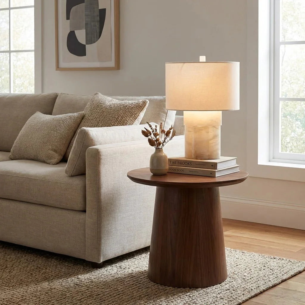Alabaster Table Lamp with Drum Shade E26 Dimmable 12.9" Light
