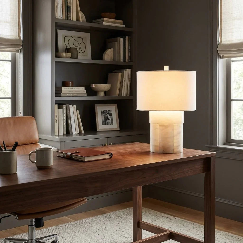Alabaster Table Lamp with Drum Shade E26 Dimmable 12.9" Light