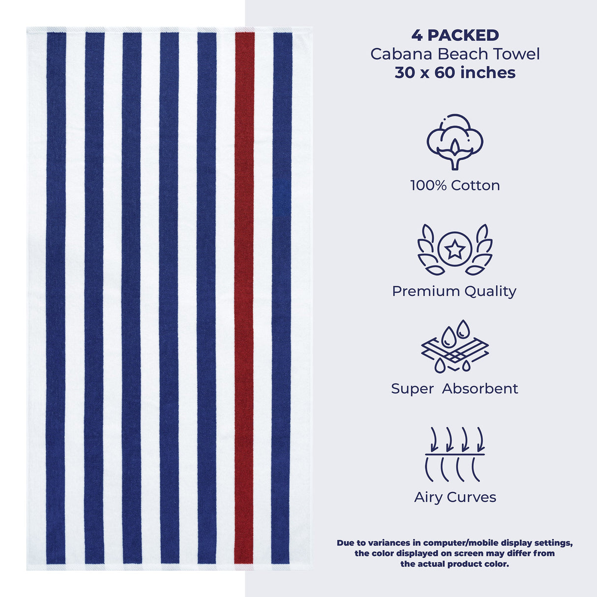 American Soft Linen, Premium Cotton 4 Pack Beach Towels, 30" x 60" Cabana Striped Pool Towels