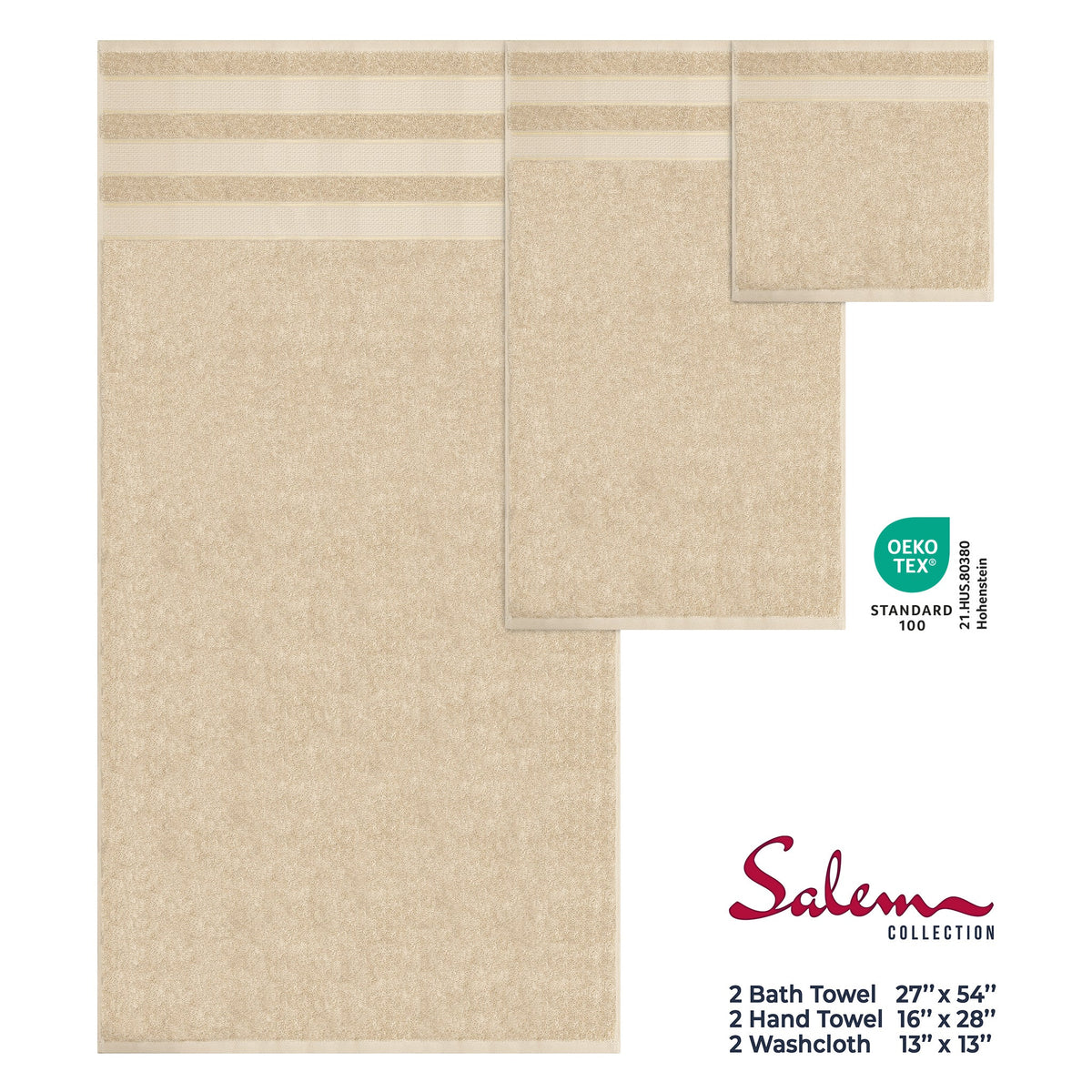 Salem 6 Piece 100% Cotton Luxury Turkish Bath Towel Set