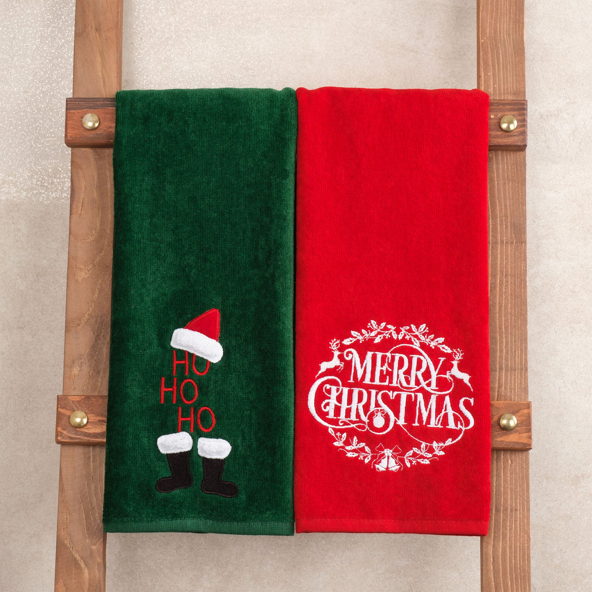 American Soft Linen Christmas Towels Bathroom Set, 2 Packed Embroidered Decorative 100% Cotton Hand Towels, Dish Towels for Decor Xmas