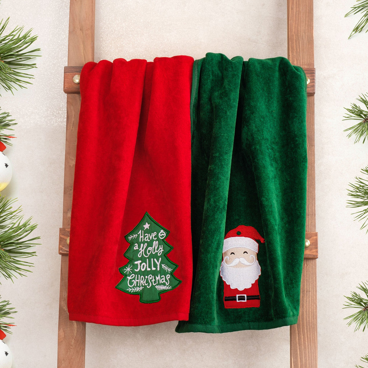 American Soft Linen Christmas Towels Bathroom Set, 2 Packed Embroidered Decorative 100% Cotton Hand Towels, Dish Towels for Decor Xmas