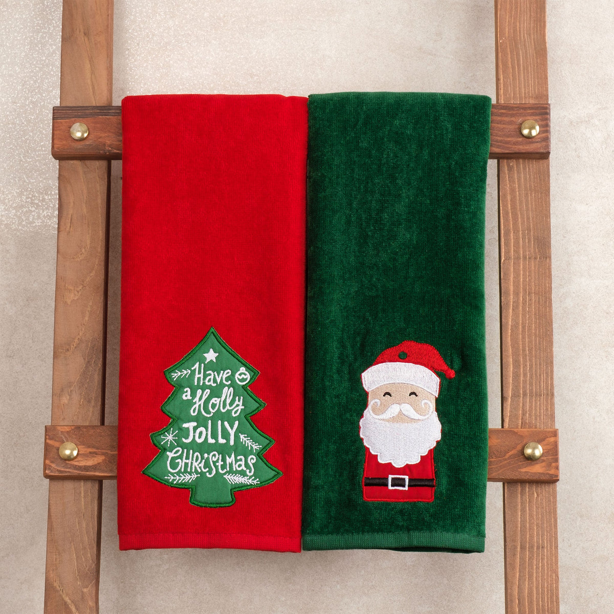 American Soft Linen Christmas Towels Bathroom Set, 2 Packed Embroidered Decorative 100% Cotton Hand Towels, Dish Towels for Decor Xmas