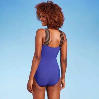 Aqua Green Women's Crossover Neck One Piece Swimsuit UPF 50+