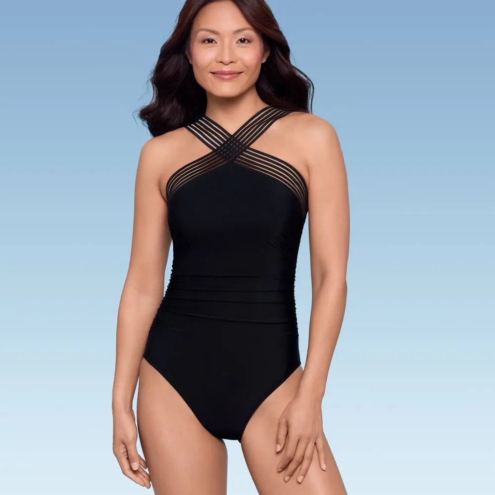 Aqua Green Women's Crossover Neck One Piece Swimsuit UPF 50+