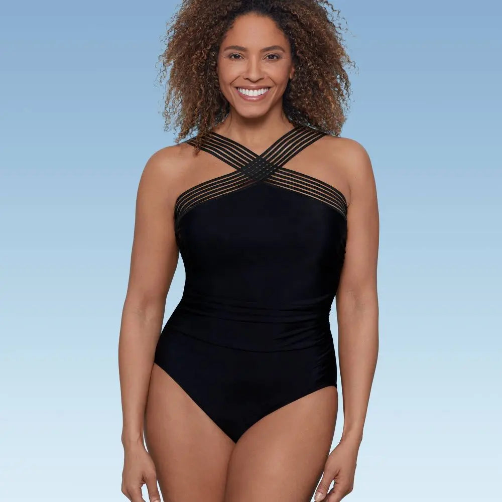Aqua Green Women's Crossover Neck One Piece Swimsuit UPF 50+