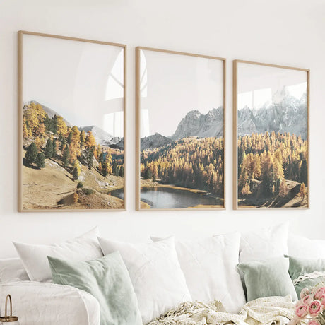 Brown-Autumn-Scenery.-3-Piece-Mountain-Lake,-Forest-Wall-Art-Wall-Art-Set
