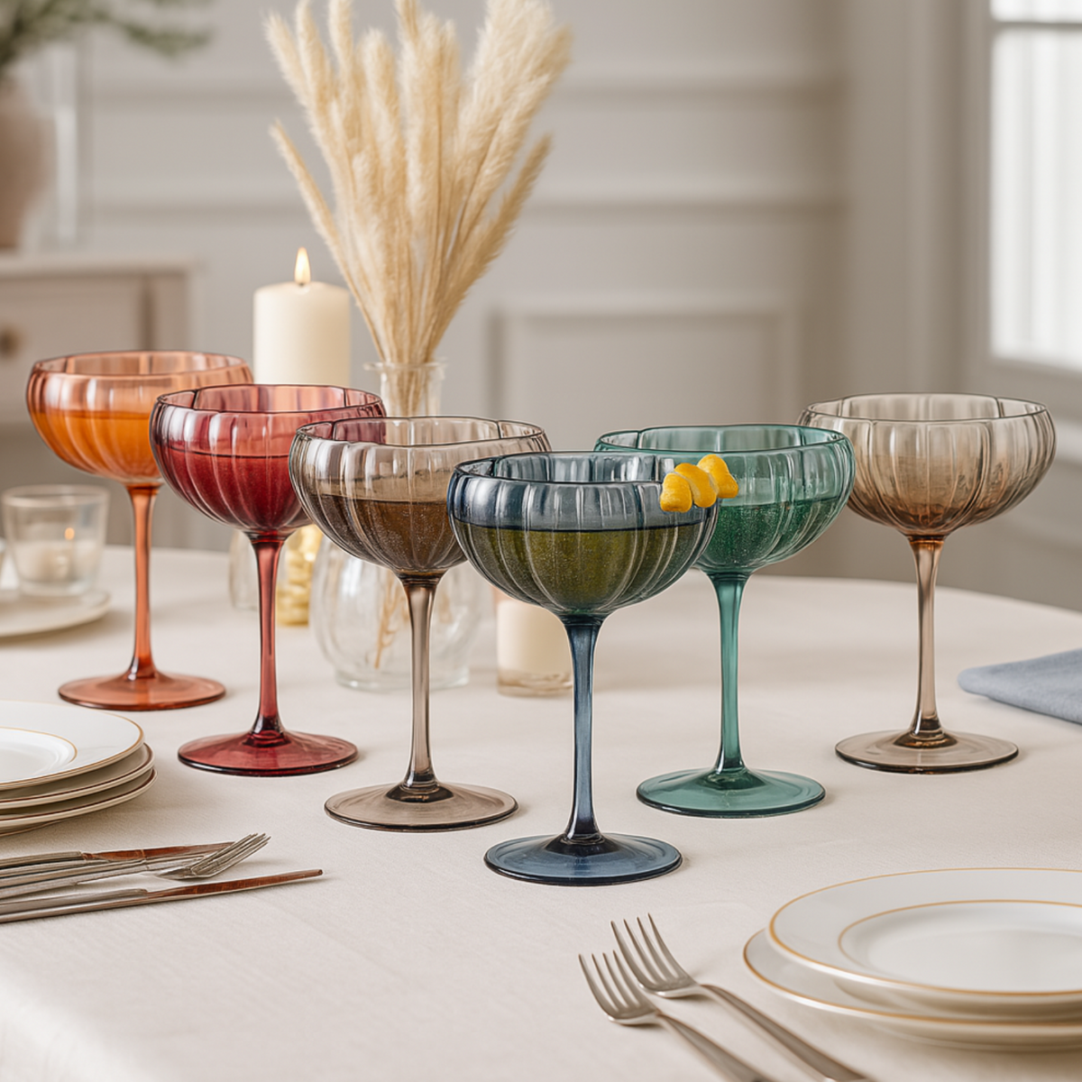 Flower-Coupe-Cocktail-Colored-Glasses-|-Set-of-6-|-Muted-Champagne-Glasses
