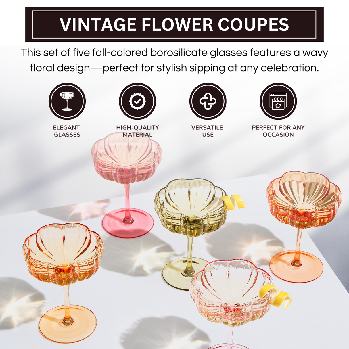 Flower Coupe Cocktail Glasses | Set of 4 | Bright Colors