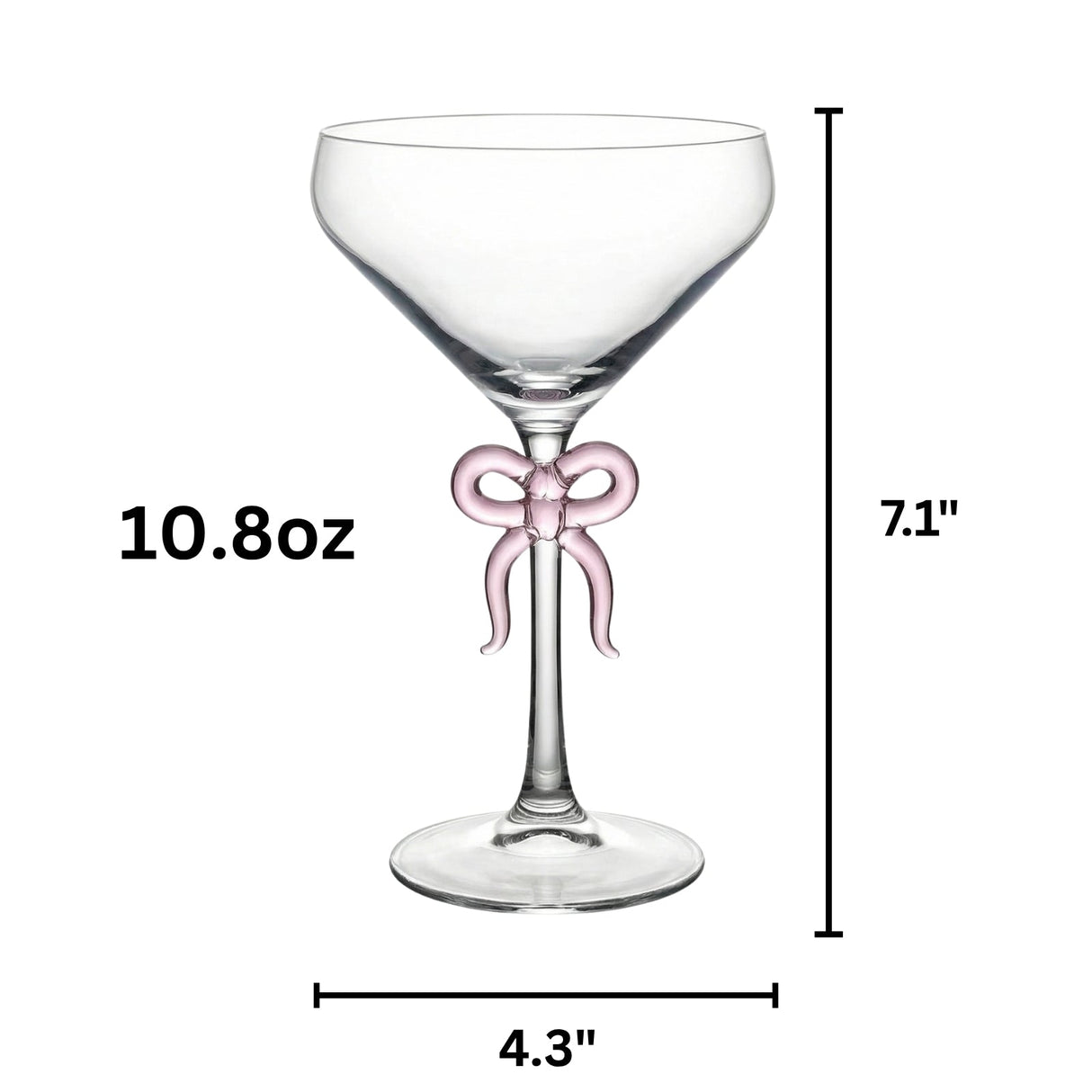 Clear Martini Glass with Pink Bow on Stem, Set of 2