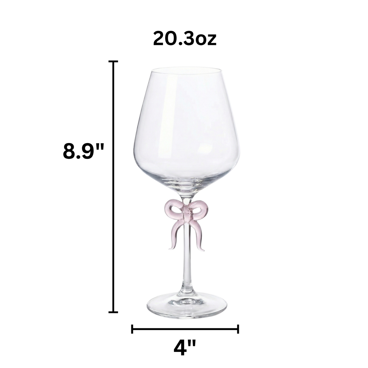 Large Clear Wine Glass with Pink Bow on Stem, One Piece