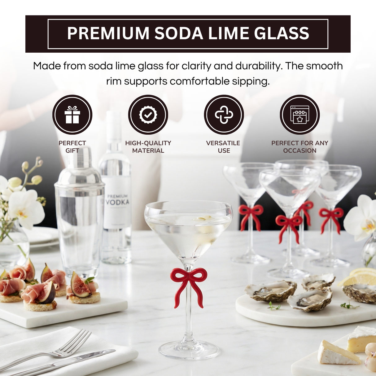Single Clear Martini Glass with Red Bow on Stem, One Piece