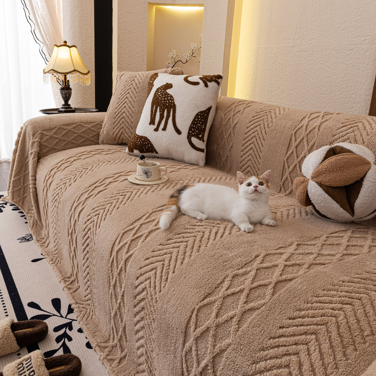 Plush Sherpa Fleece Sofa Cover with 3D Cable Knit Texture, Soft Cozy Throw Blanket
