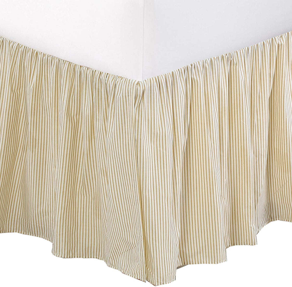 Tailored Bed Skirt Farmhouse Ticking Cream Golden & Yellow Caramel Cotton Striped Ruffled Dust Ruffle, 16" Drop