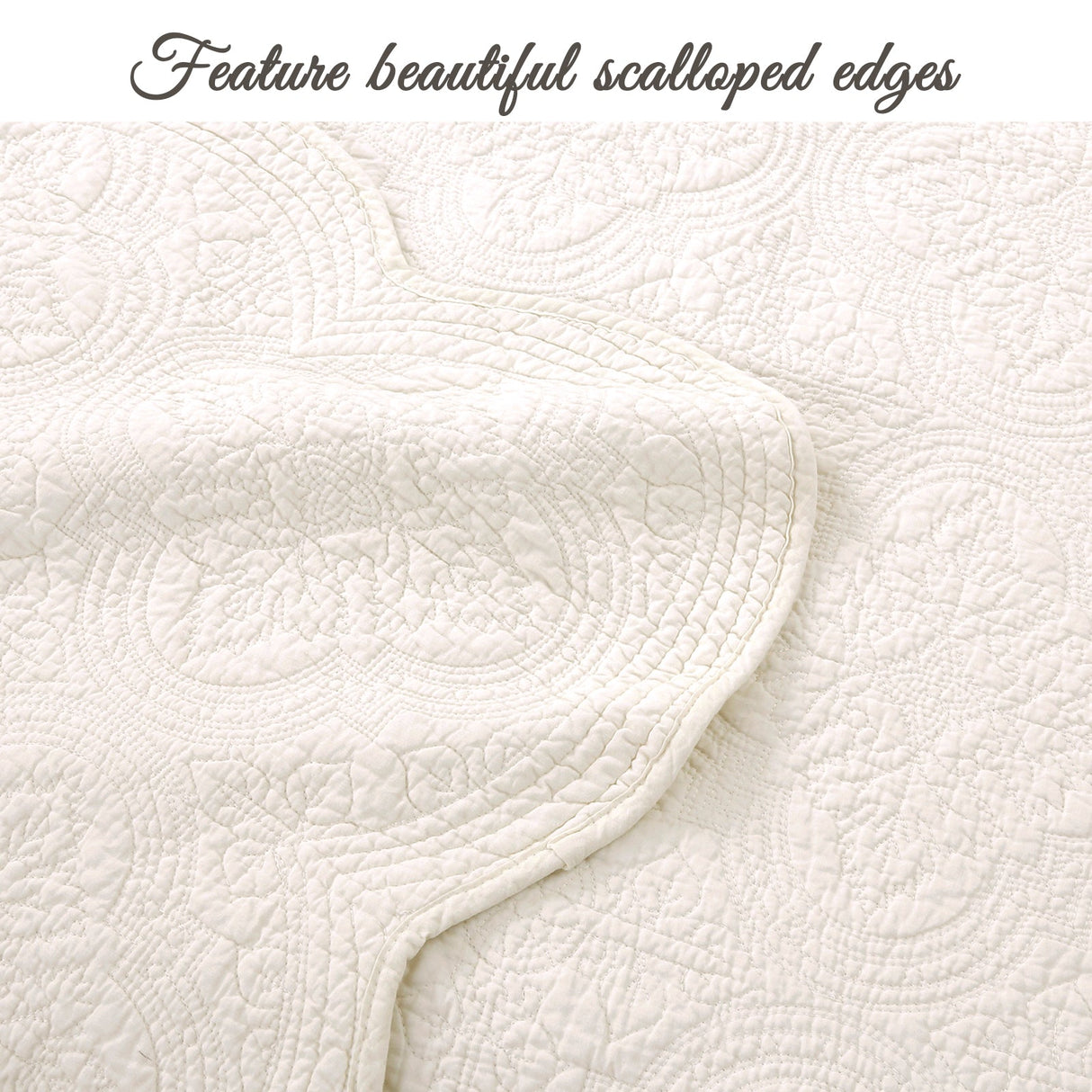 Serenity Ivory Victorian Scalloped Medallion Floral Pure Solid Cotton Reversible Quilt Bedding Set