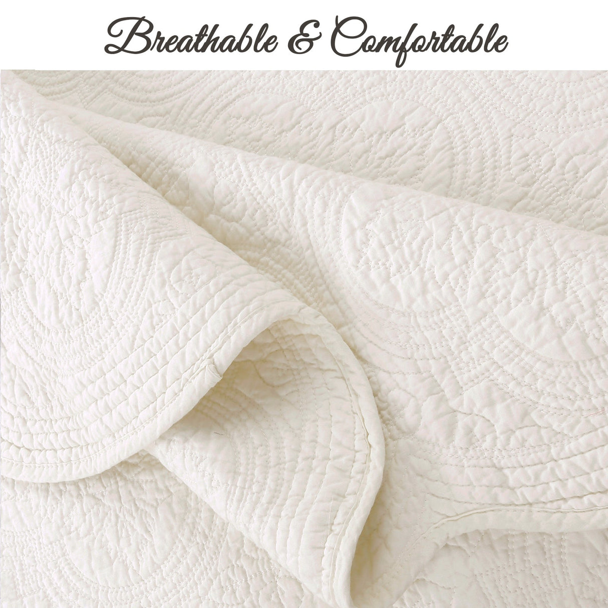 Serenity Ivory Victorian Scalloped Medallion Floral Pure Solid Cotton Reversible Quilt Bedding Set