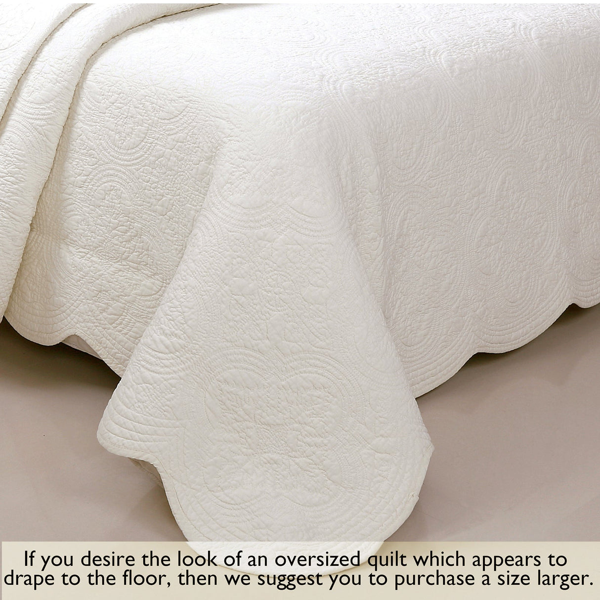 Serenity Ivory Victorian Scalloped Medallion Floral Pure Solid Cotton Reversible Quilt Bedding Set