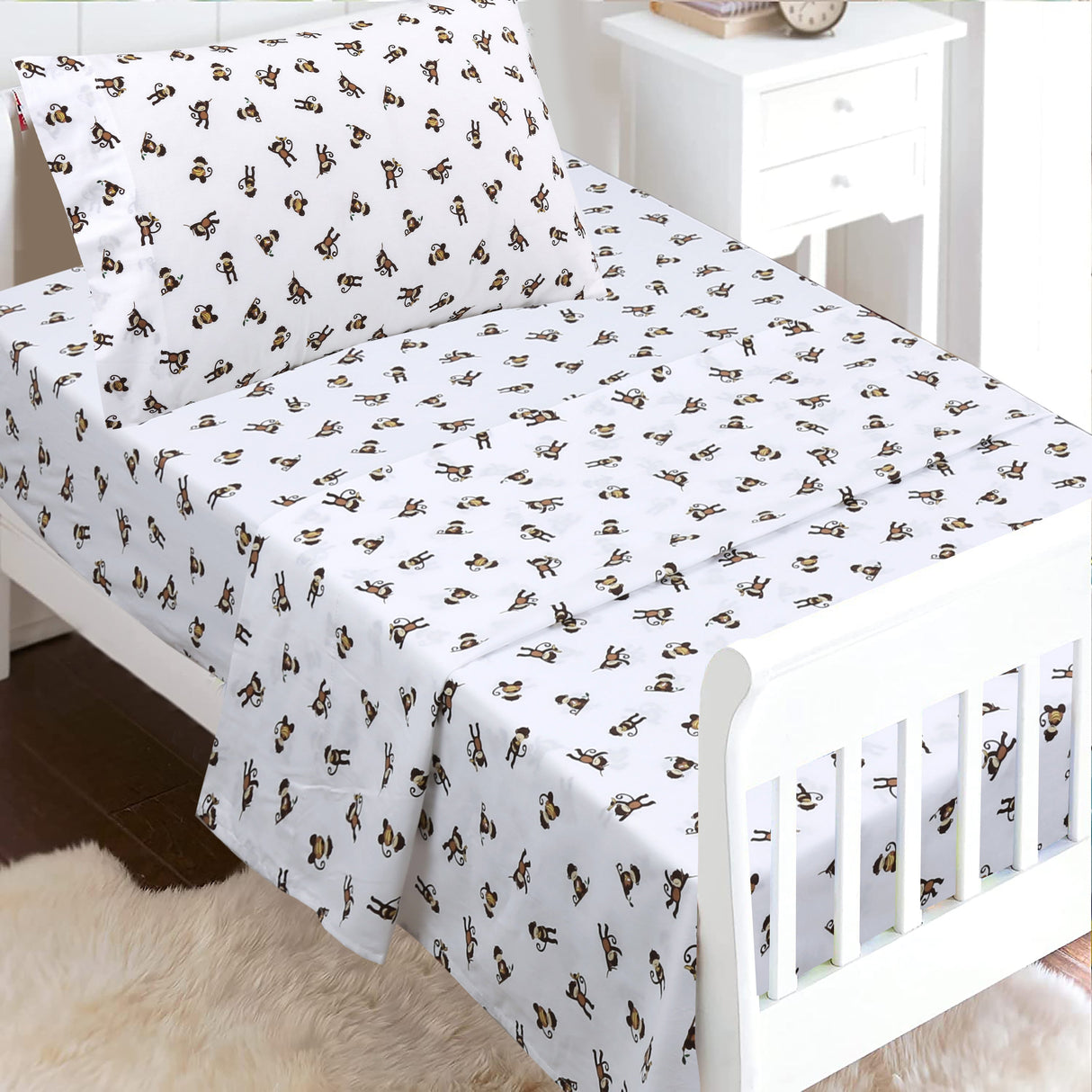 3-Piece Crib/Toddler Cotton Sheet Set White Brown Monkey Around Jungle Bananas