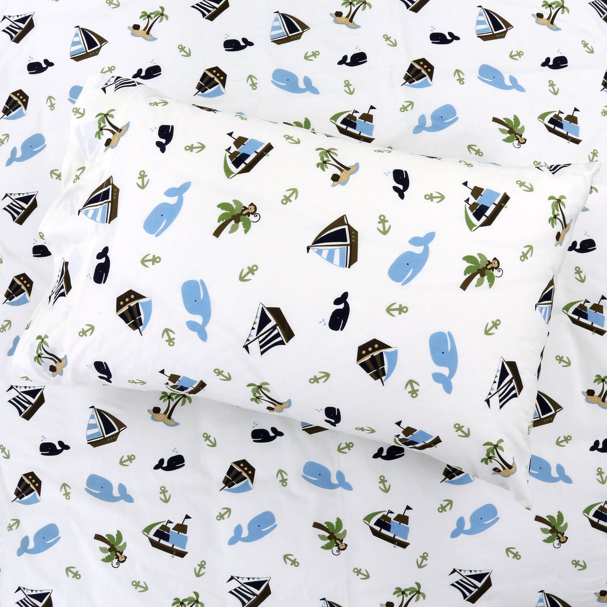 3-Piece Crib/Toddler Cotton Sheet Set White Blue Ocean Whale Ships Sail Monkey Island