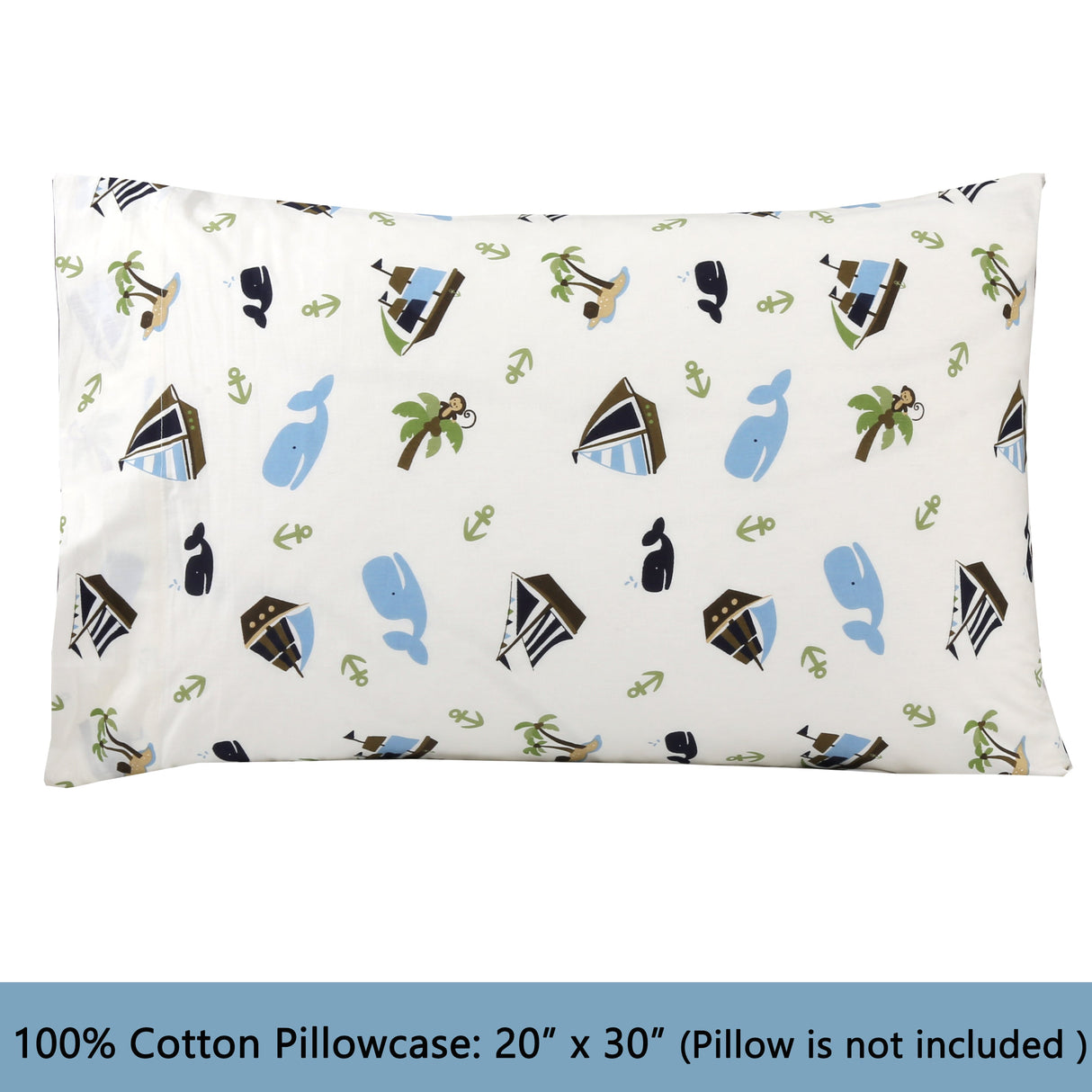 3-Piece Crib/Toddler Cotton Sheet Set White Blue Ocean Whale Ships Sail Monkey Island