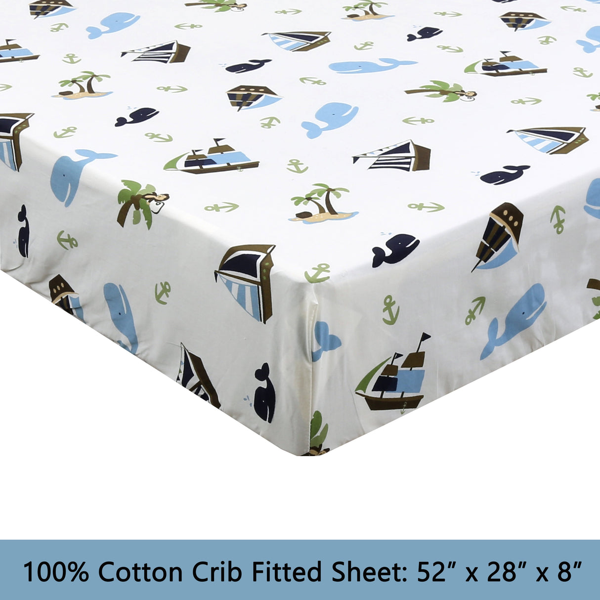 3-Piece Crib/Toddler Cotton Sheet Set White Blue Ocean Whale Ships Sail Monkey Island