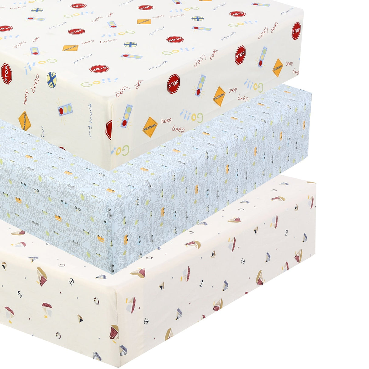 3 Piece Crib/Toddler Cotton Fitted Sheets Colorful Blue Red City Cars Boats Transportation Signs