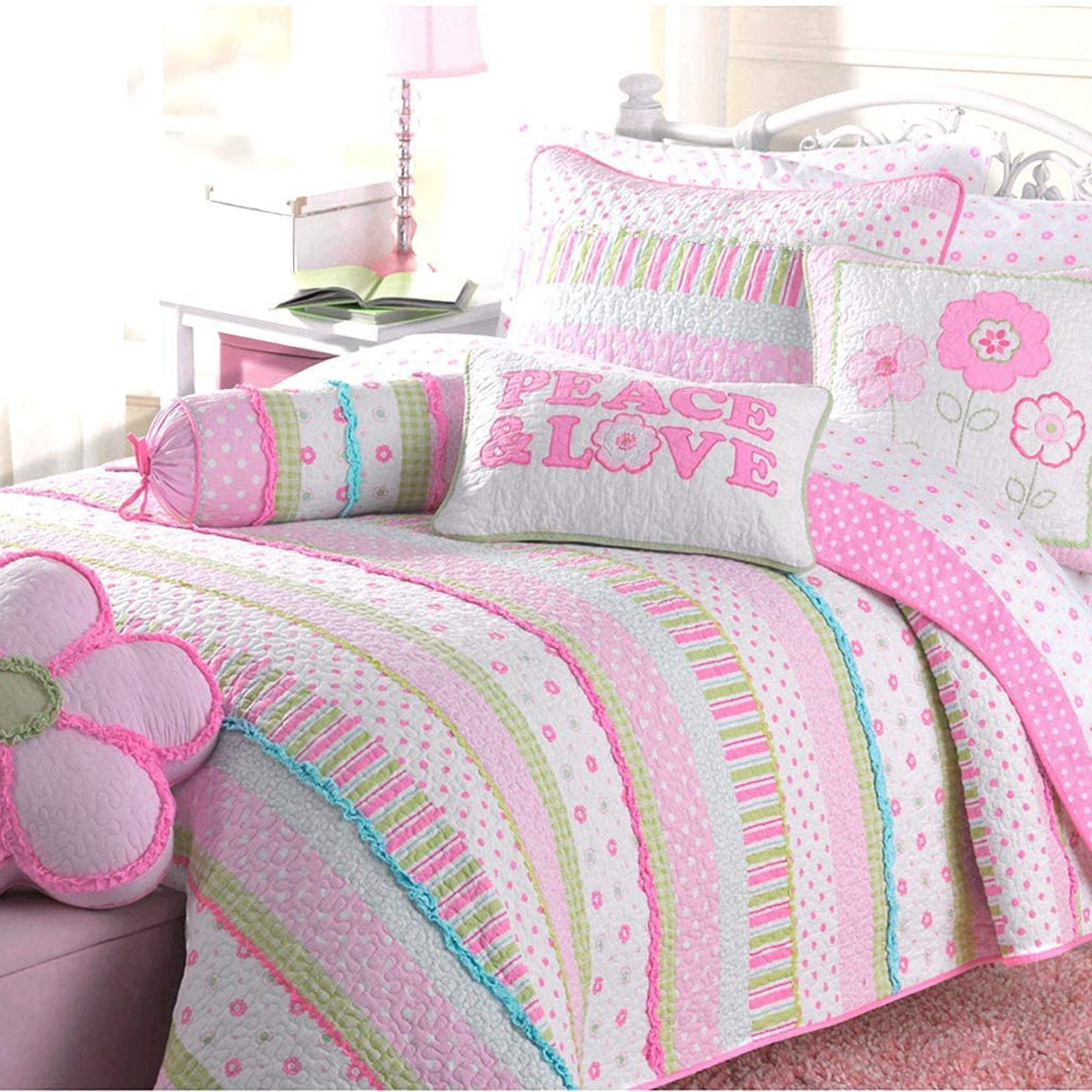 Greta Floral Stripe Pink Round Ruffle Bolster Decor Throw Pillow