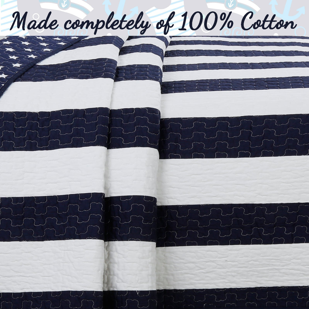 Ameristar Sailor Blue & White Striped Cotton Reversible Quilt Bedding Set