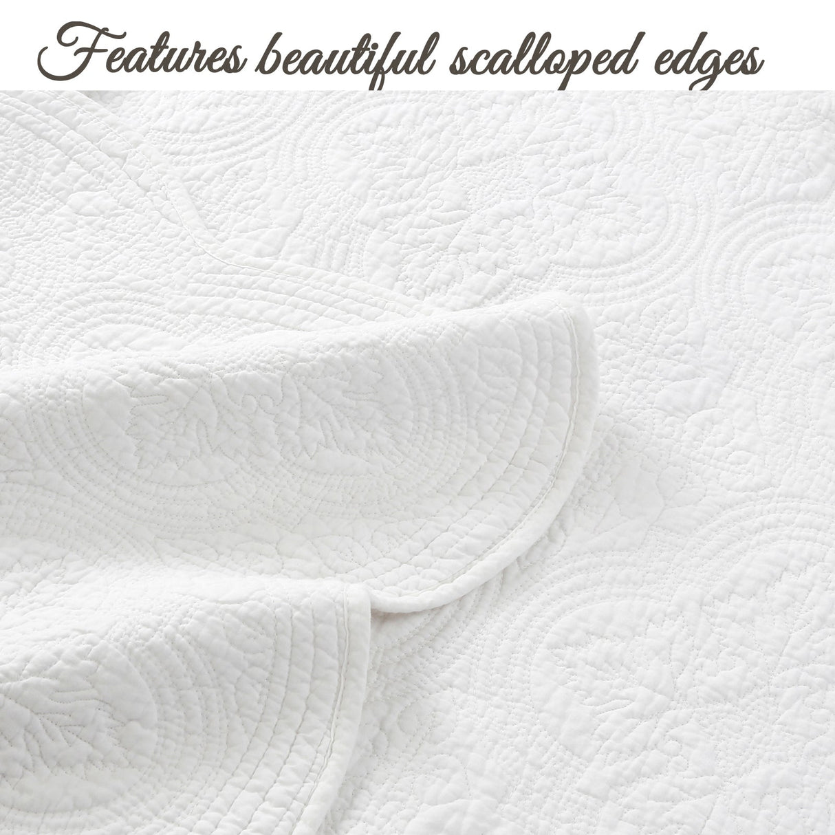 Serenity White Victorian Scalloped Medallion Floral Pure Solid Cotton Reversible Quilt Bedding Set