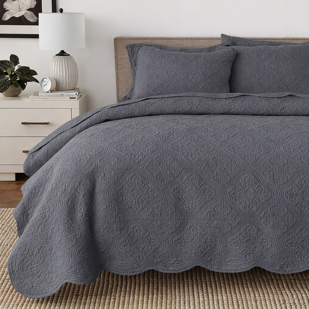 Serenity Gray Victorian Scalloped Medallion Pure Solid Cotton Reversible 3 Piece Quilt Bedding Set