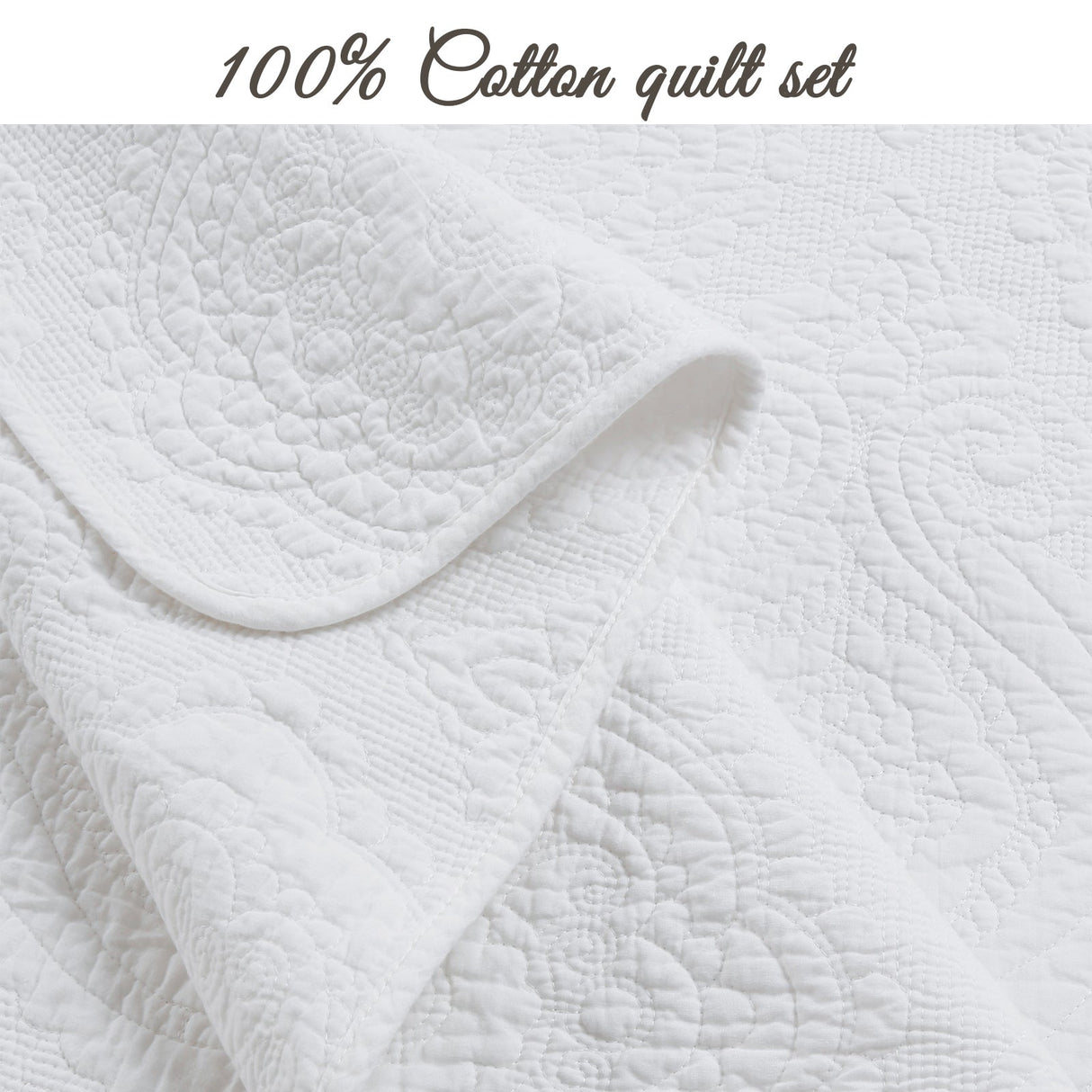Solid White Chic Brocade Matelassé Medallion Floral Cotton Reversible Quilt Bedding Set
