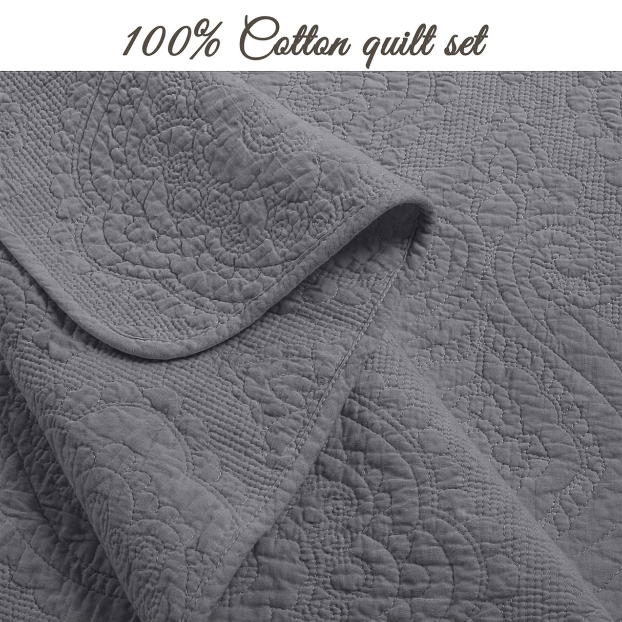 Solid Gray Chic Brocade Matelassé Medallion Floral 3 Piece Cotton Reversible Quilt Bedding Set