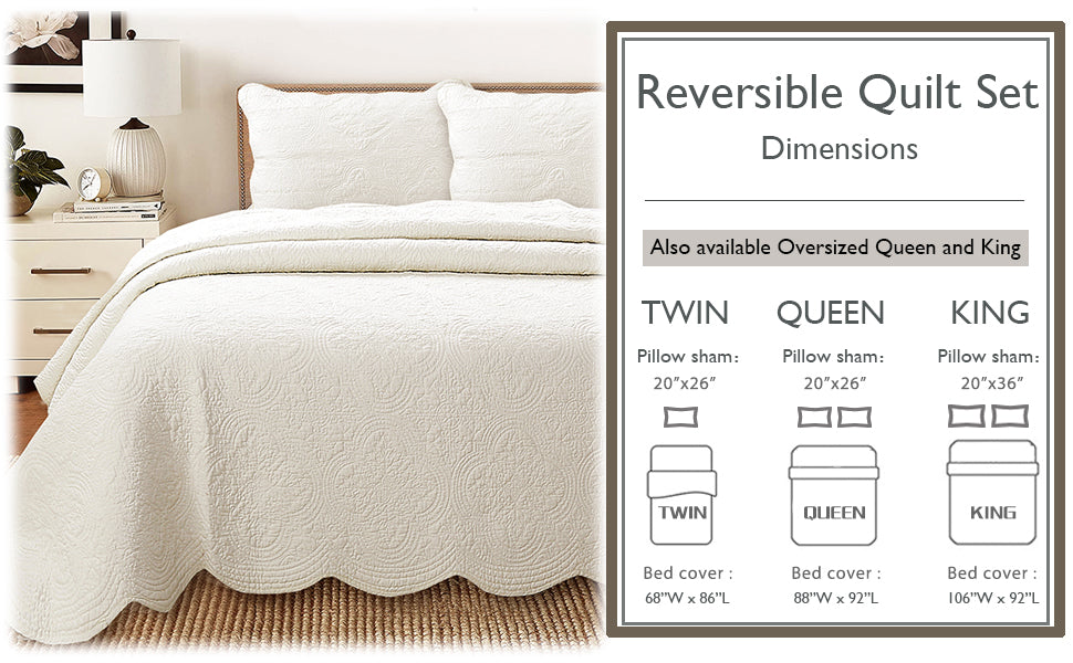 Serenity Ivory Victorian Scalloped Medallion Floral Pure Solid Cotton Reversible Quilt Bedding Set