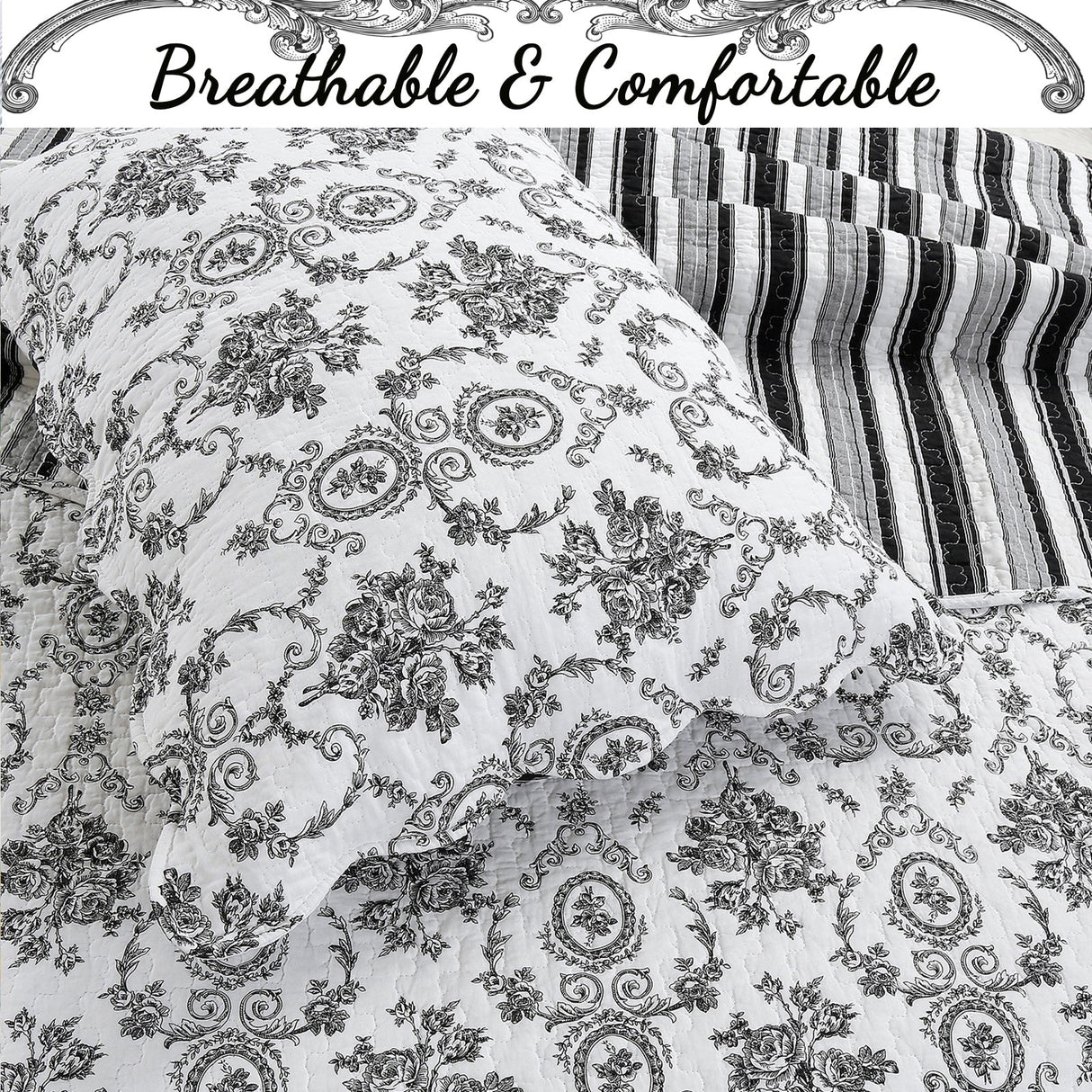 French Medallion Black Scalloped Edge Cotton 3-piece Reversible Quilt Bedding Set