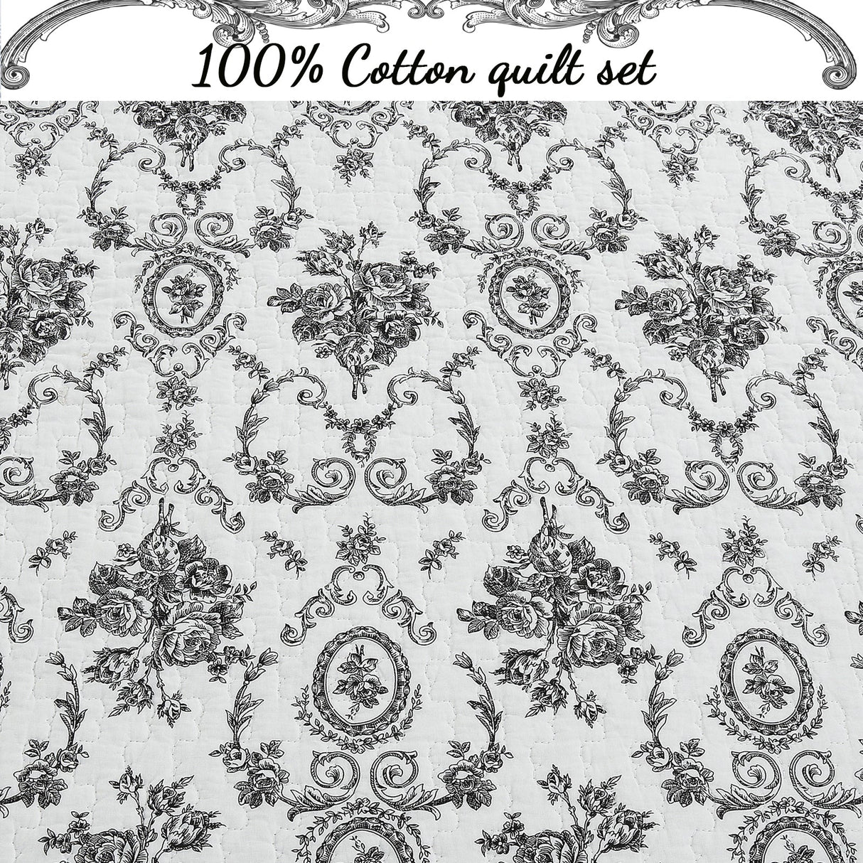 French Medallion Black Scalloped Edge Cotton 3-piece Reversible Quilt Bedding Set