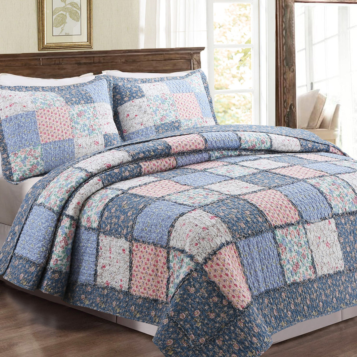 Mraz Blue Pink Ruffle Real Patchwork Cotton 3-Piece Reversible Quilt Bedding Set