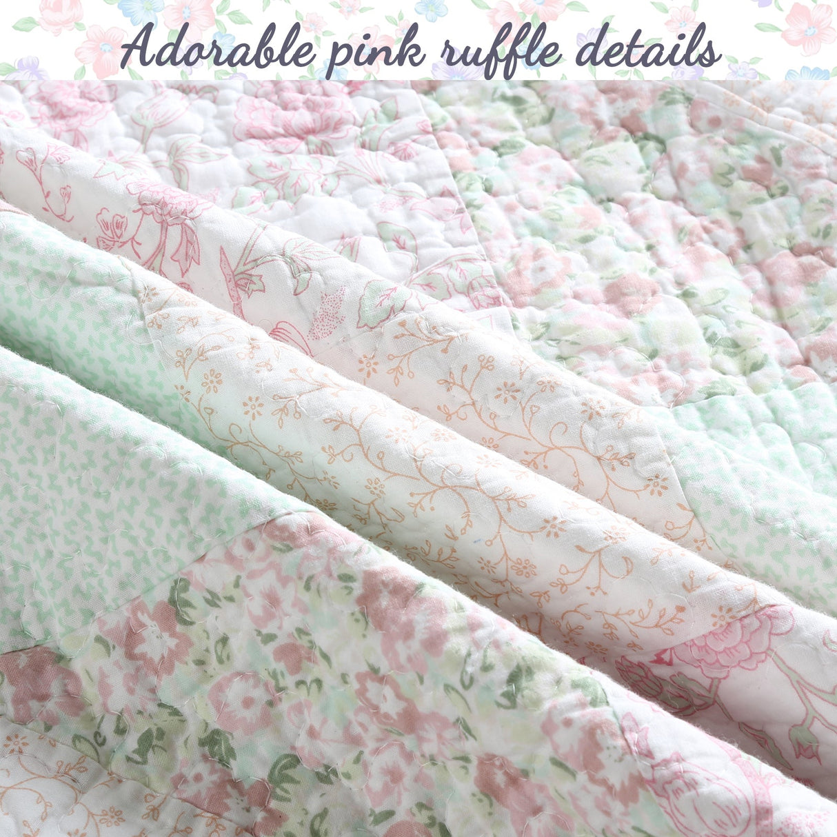 Banner Pink Floral Ruffle Real Patchwork Scalloped Edge Cotton Reversible Quilt Bedding Set