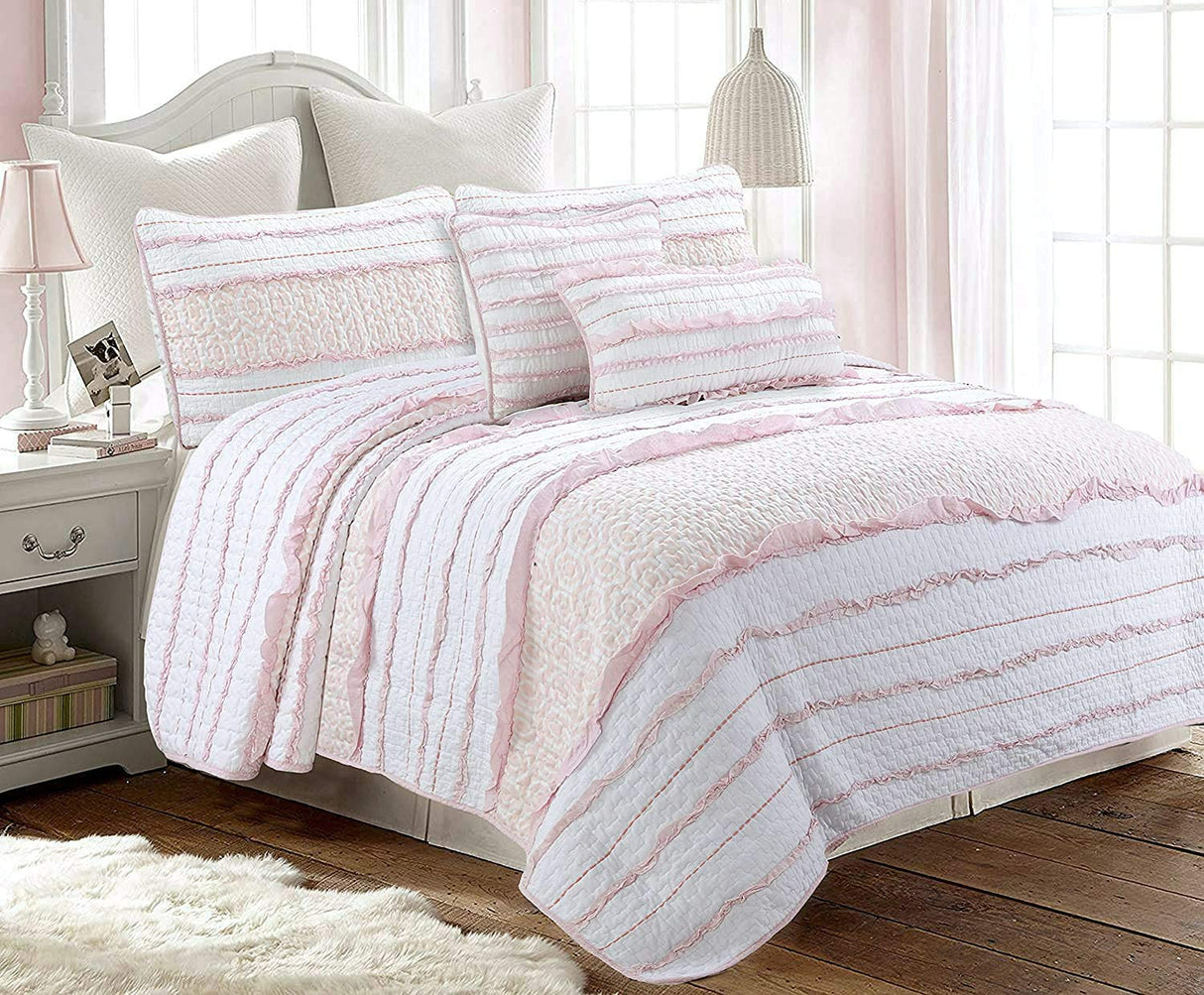 Pretty in Pink Girly Ruffle Star Stripped Embroidered Rectangular Décor Throw Pillow