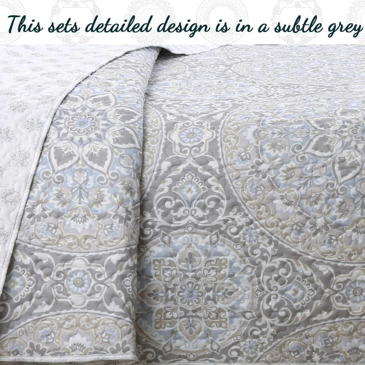 Venetia Gray Medallion 3-Piece Reversible Quilt Bedding Set
