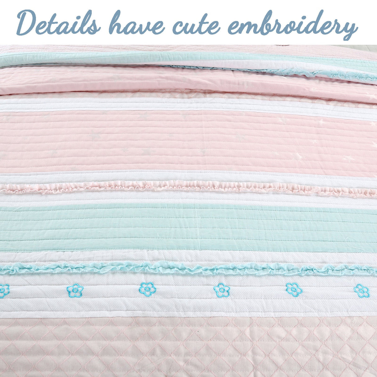 Candy Light Pink Blue Ruffle Floral Stripe Real Patchwork Girl Cotton Reversible Quilt Bedding Set