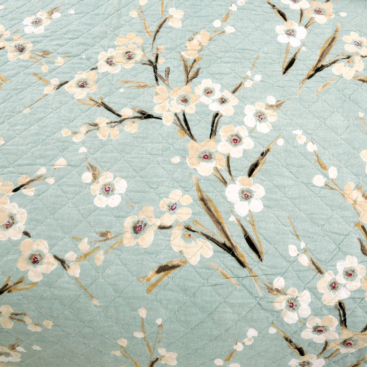 Cream Cherry Blossom Floral Cyan Blue Green 3-Piece Reversible Quilt Bedding Set