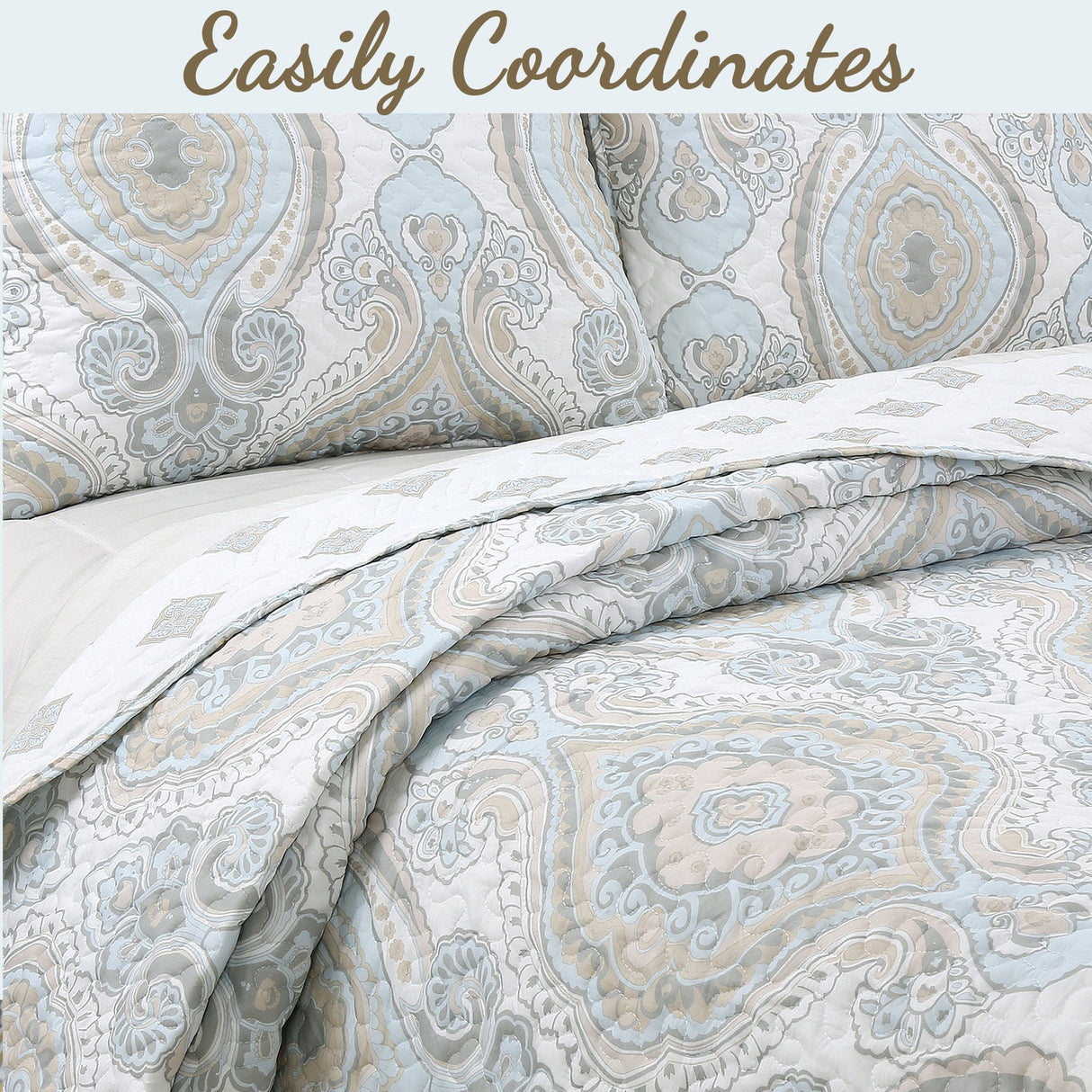 Modern Medallion Sky Blue Tan Gray Brocade 3-Piece Reversible Quilt Bedding Set