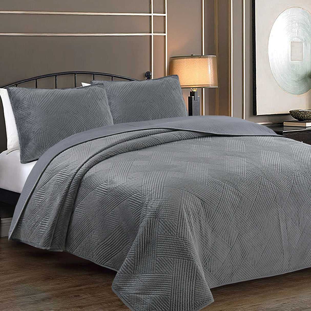 Soft Velvet Basket Weave Stripe Solid Blue or Grey 3-Piece Reversible Quilt Bedding Set