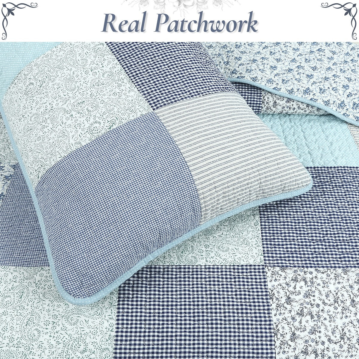 Subtle Cozy Blue Checker Cottage Floral Stripe Cotton 3 Piece Patchwork Quilt Bedding Set