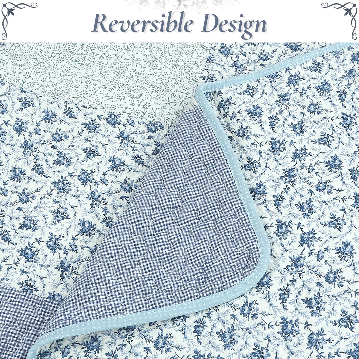 Subtle Cozy Blue Checker Cottage Floral Stripe Cotton 3 Piece Patchwork Quilt Bedding Set